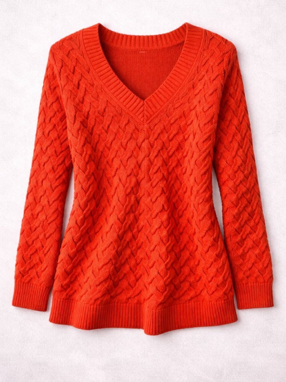 Lands End Women's Cable Knit Sweater V Neck Drifter Cotton Orange Size Large